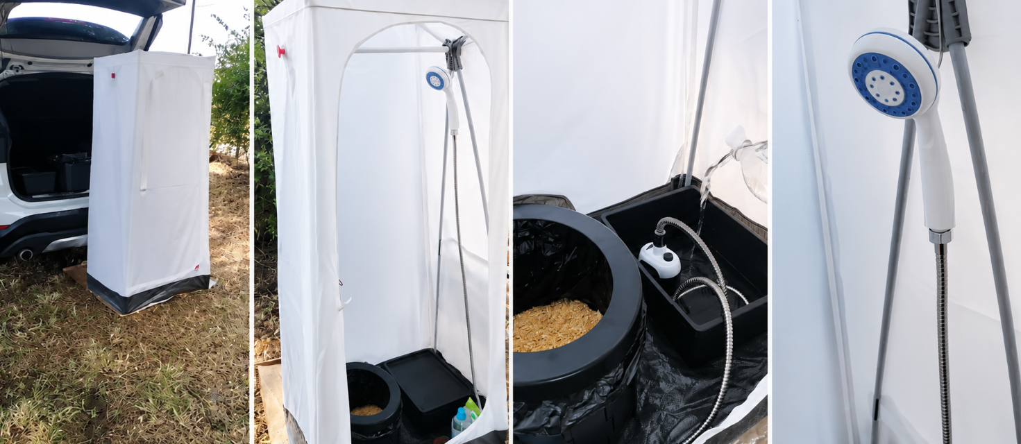 Módulo baño IKEA para camper hecho con armario VUKU, ducha portátil y WC plegable